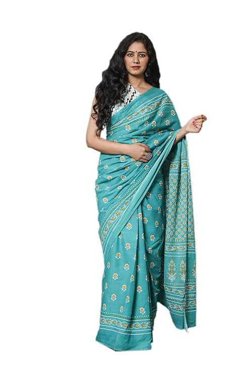 Jalther Handicrafts Women'S Ikat Hand Block Print Jaipuri Cotton Mulmul Saree